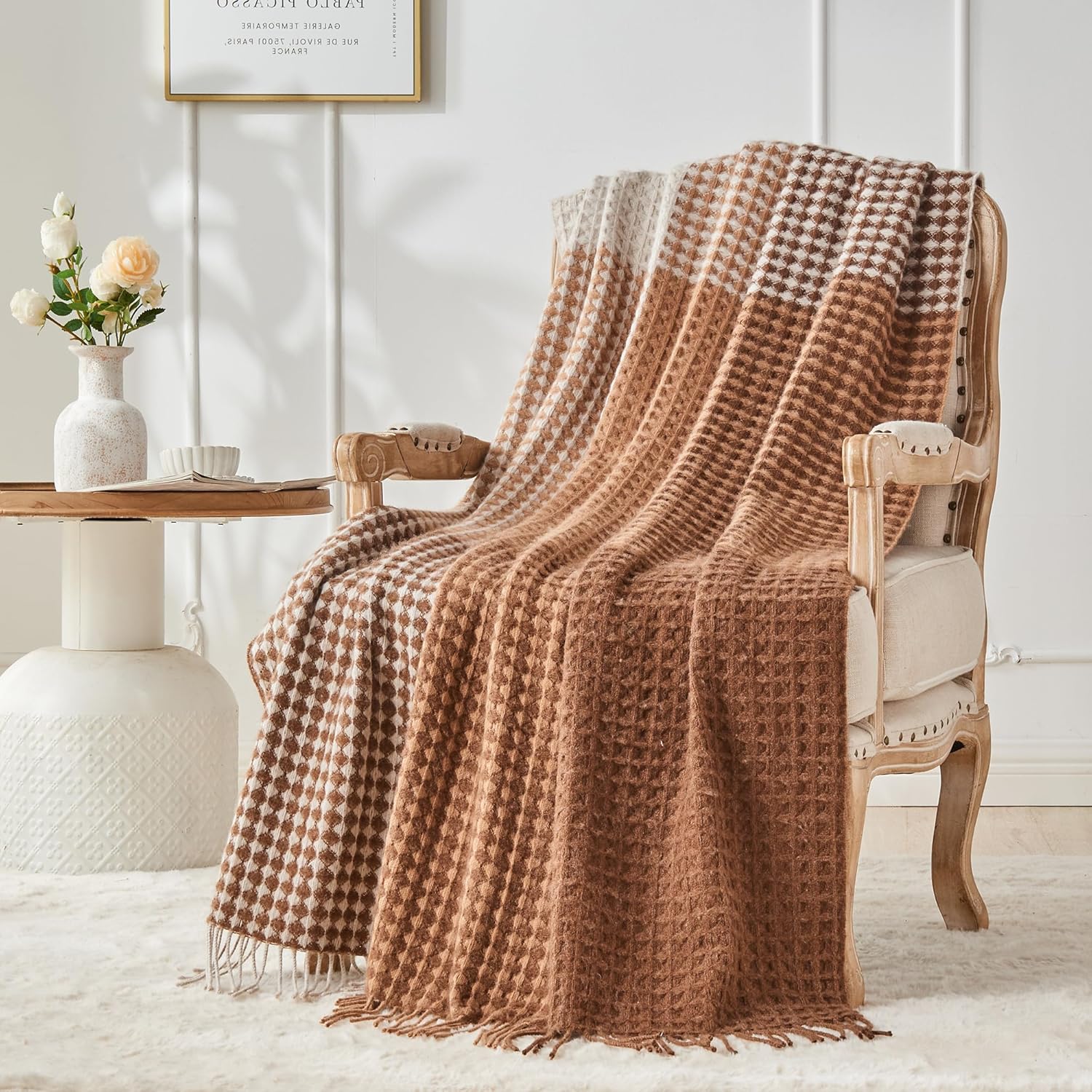 100% Wool Throw Blanket Checkered 75x46 in Camel White Varicolored i##e##s: Luxuriously Warm ^^ Soft ^^ Cozy ^^ Reversible ^^ Breathable ^^ Modern ^^ for Sofa Bed ^^ Home Lounging ^^ Travel Gift ^^ Decorative :i##e##s