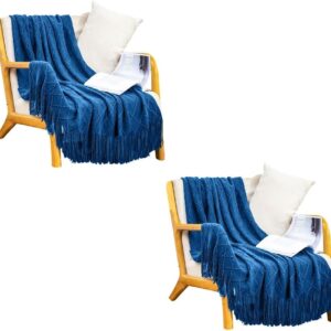 2X Royal Blue Diamond Pattern Knitted Throw Blanket Warm Cozy Woven Cover Couch Bed Sofa Home Decor with Tassels