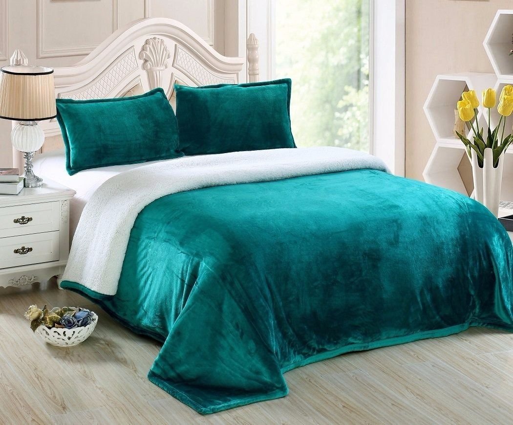 Collection Reversible Micro-Mink Sherpa Throw Blanket King, Teal