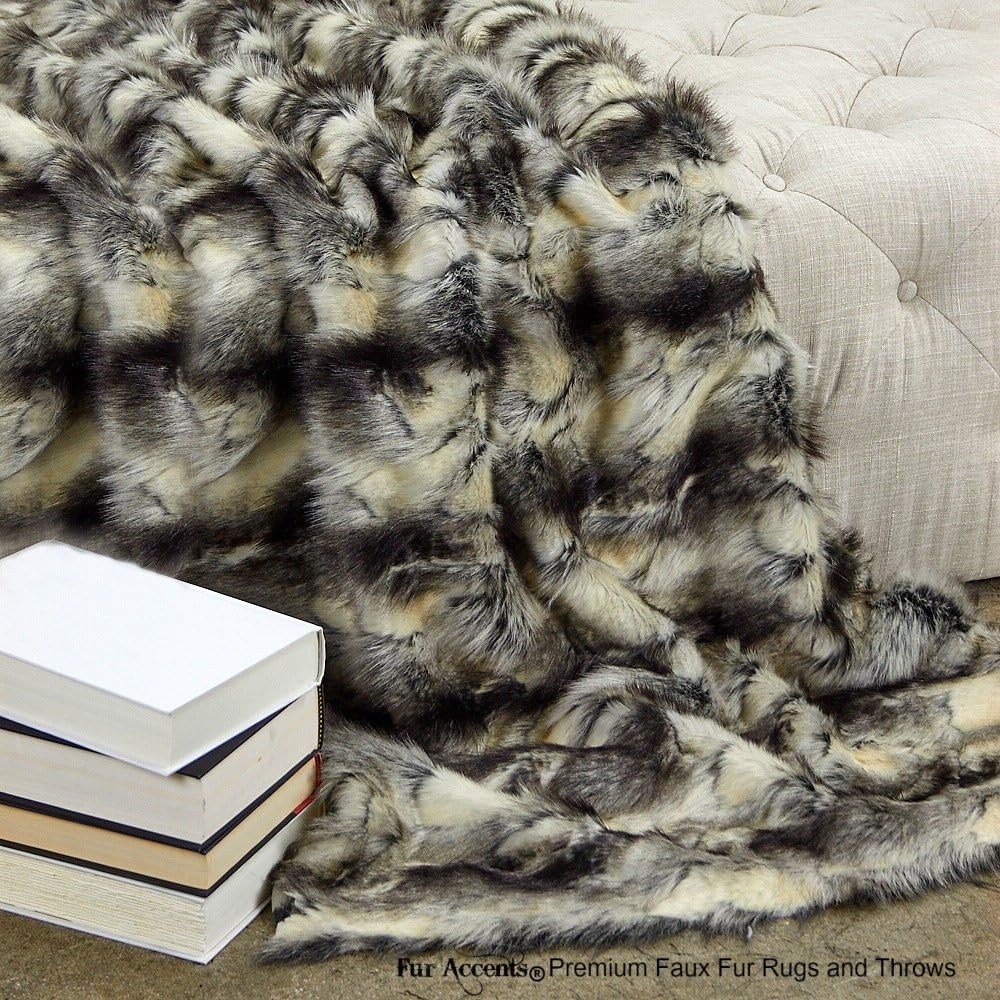 Fur Accents Throw Blanket Warm White Gray and Black Patch Fox Faux Fur \/60" X 70" (5'x7')