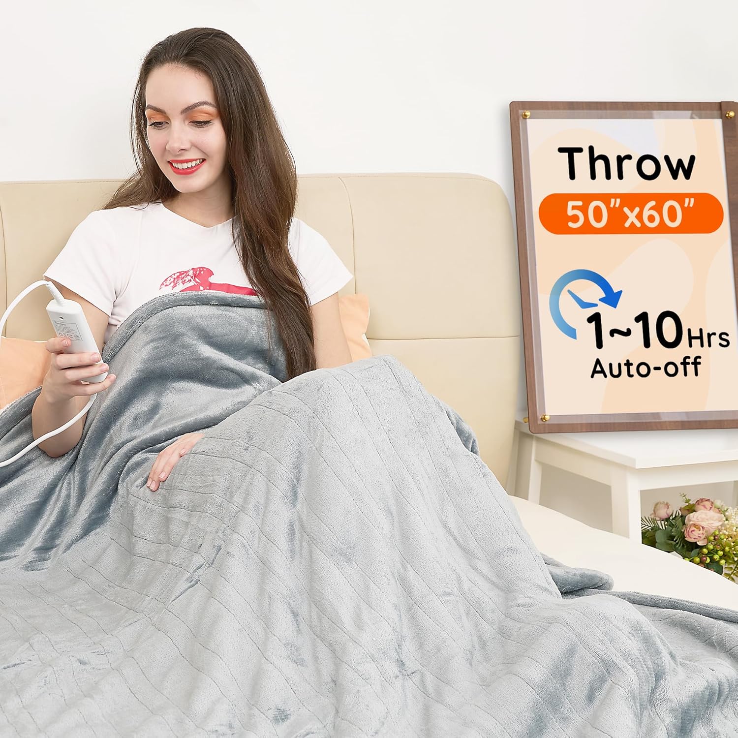 Mia&Coco Heated Throw Blanket - 50"x60" Flannel Electric Blanket, 6 Heat Levels, 10-Hour Auto-Off, Fast Heating, Overheat Protection, Machine Washable, Soft Heated Blanket for Home and Office (Gray)