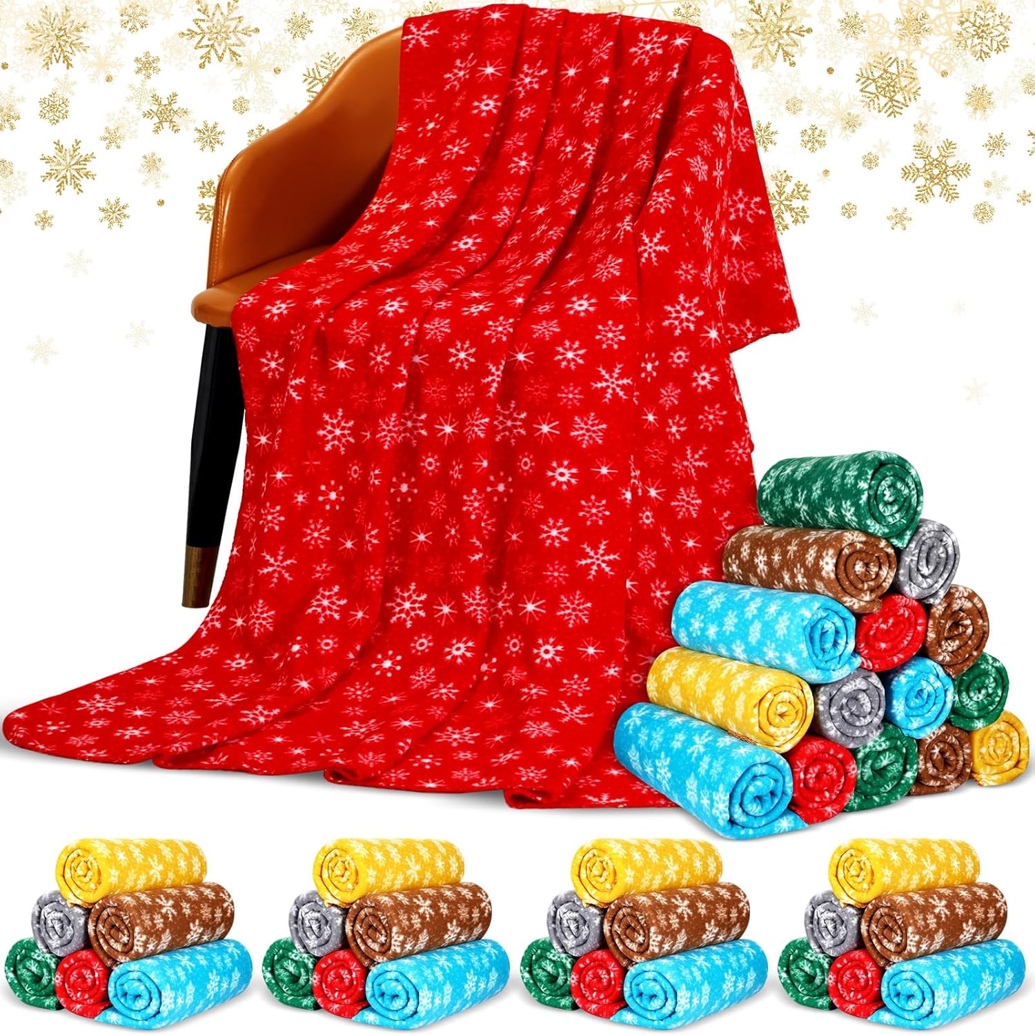 Moukeren 48 Pcs Christmas Snowflake Throw Blanket Bulk, 59 x 47 Inch Xmas Winter Throw Blanket Christmas Warm Soft Cozy Fleece for Home Bedding Couch Chair Gift (Stylish)