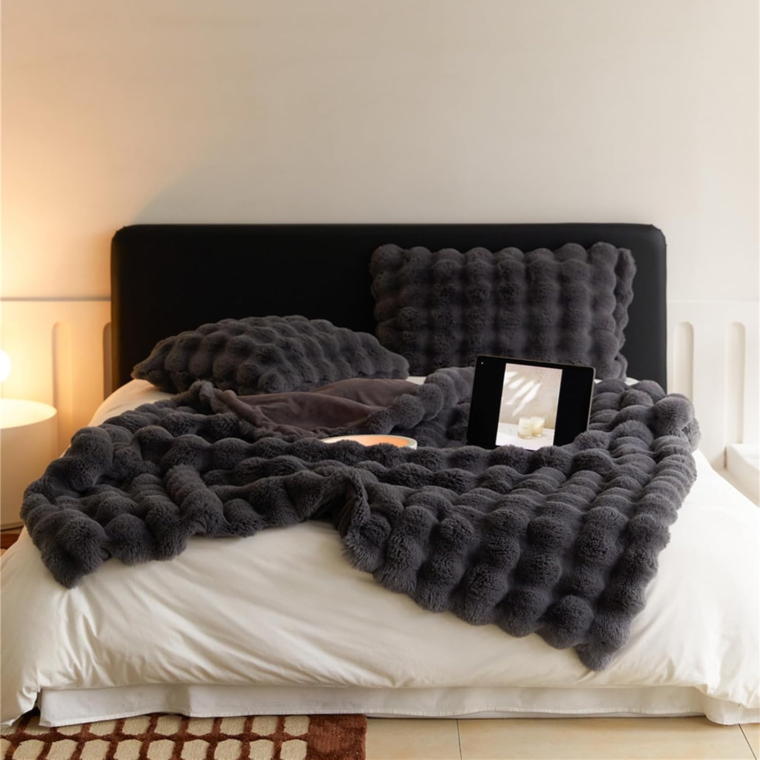 Ruched Elegant Faux Rabbit Fur Throw Blanket - Soft Reversible Cozy Blanket for Couch Bed Chair - Fuzzy Fluffy Plush Blanket - Washable Luxurious Home Decor Accessory
